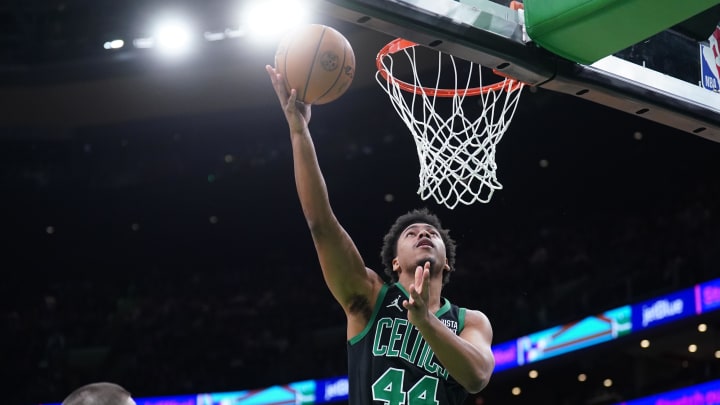 Mar 1, 2024; Boston, Massachusetts, USA; Boston Celtics guard Jaden Springer (44) shoots against the Dallas Mavericks in the second half at TD Garden. Mandatory Credit: David Butler II-USA TODAY Sports