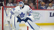 Mar 18, 2023; Ottawa, Ontario, CAN; Toronto Maple Leafs goalie Matt Murray (30) warms up prior to the start of game against the Ottawa Senators at the Canadian Tire Centre. Mandatory Credit: Marc DesRosiers-Imagn Images