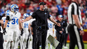 Detroit Lions head coach Dan Campbell reacts to a play against Kansas City Chiefs during the first half at Arrowhead Stadium in Kansas City, Missouri on Sunday, Oct. 12, 2025.