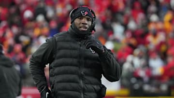 Jan 18, 2025; Kansas City, Missouri, USA; Houston Texans head coach DeMeco Ryans reacts during the third quarter of a 2025 AFC divisional round game against the Kansas City Chiefs at GEHA Field at Arrowhead Stadium. Mandatory Credit: Denny Medley-Imagn Images
