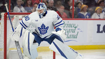 Mar 18, 2023; Ottawa, Ontario, CAN; Toronto Maple Leafs goalie Matt Murray (30) warms up prior to the start of game against the Ottawa Senators at the Canadian Tire Centre. Mandatory Credit: Marc DesRosiers-Imagn Images