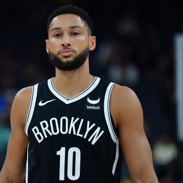 Oct 9, 2023; Las Vegas, Nevada, USA; Brooklyn Nets guard Ben Simmons (10) before playing against the Los Angeles Lakers  during the first half at T-Mobile Arena. Mandatory Credit: Gary A. Vasquez-USA TODAY Sports