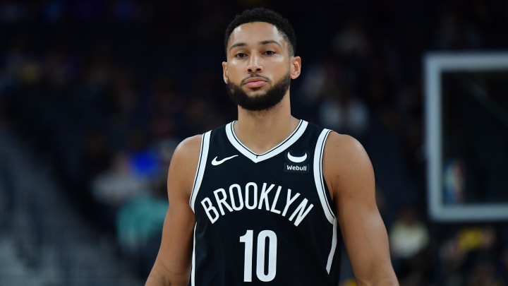 Oct 9, 2023; Las Vegas, Nevada, USA; Brooklyn Nets guard Ben Simmons (10) before playing against the Los Angeles Lakers  during the first half at T-Mobile Arena. Mandatory Credit: Gary A. Vasquez-USA TODAY Sports