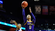 Dec 17, 2024; Uncasville, Connecticut, USA; LSU Lady Tigers forward Jersey Wolfenbarger (8) drives the ball to the basket against Seton Hall Pirates guard Amari Wright (22) in the first half at Mohegan Sun Arena. Mandatory Credit: David Butler II-Imagn Images