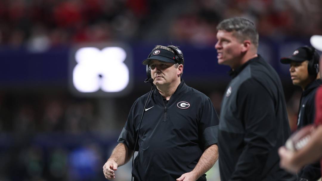 Dec 6, 2025; Atlanta, GA, USA; Georgia Bulldogs head coach Kirby Smart looks on during the fourth quarter against the Alabama Crimson Tide during the 2025 SEC Championship game at Mercedes-Benz Stadium. Mandatory Credit: Brett Davis-Imagn Images