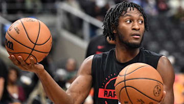 Nov 17, 2025; Toronto, Ontario, CAN;  Toronto Raptors guard Immanuel Quickley (5) warms up before playing the Charlotte Hornets at Scotiabank Arena. Mandatory Credit: Dan Hamilton-Imagn Images
