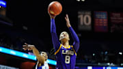 Dec 17, 2024; Uncasville, Connecticut, USA; LSU Lady Tigers forward Jersey Wolfenbarger (8) drives the ball to the basket against Seton Hall Pirates guard Amari Wright (22) in the first half at Mohegan Sun Arena. Mandatory Credit: David Butler II-Imagn Images