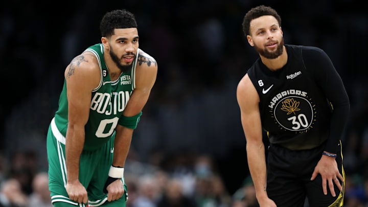 Jayson Tatum and Stephen Curry during a Boston Celtics-Golden State Warriors matchup