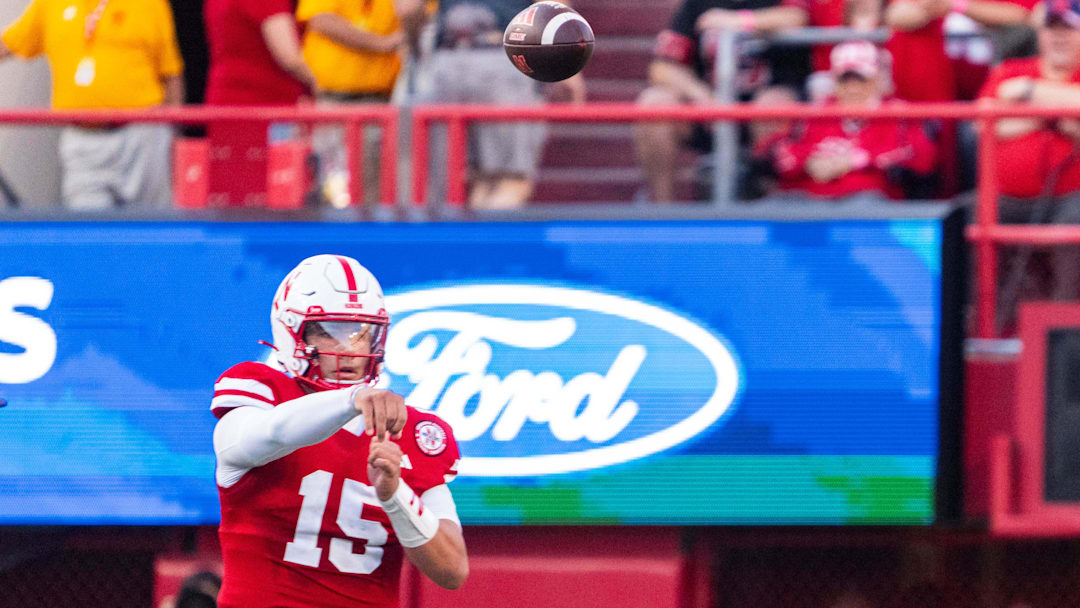 Sep 14, 2024; Lincoln, Nebraska, USA; Nebraska Cornhuskers quarterback Dylan Raiola (15) passes against the Northern Iowa Panthers during the first quarter at Memorial Stadium. 