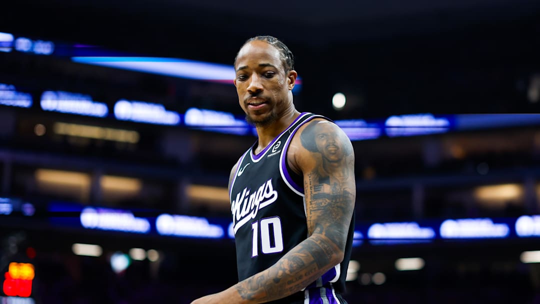Jan 20, 2026; Sacramento, California, USA; Sacramento Kings guard DeMar DeRozan (10) looks at Miami Heat guard Pelle Larsson (9) after a play during the second quarter at Golden 1 Center. Mandatory Credit: Sergio Estrada-Imagn Images