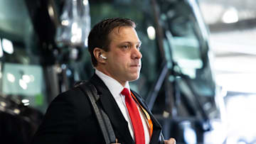 Feb 11, 2024; Paradise, Nevada, USA; Kansas City Chiefs general manager Brett Veach arrives before Super Bowl LVIII against the San Francisco 49ers at Allegiant Stadium. Mandatory Credit: Mark J. Rebilas-USA TODAY Sports