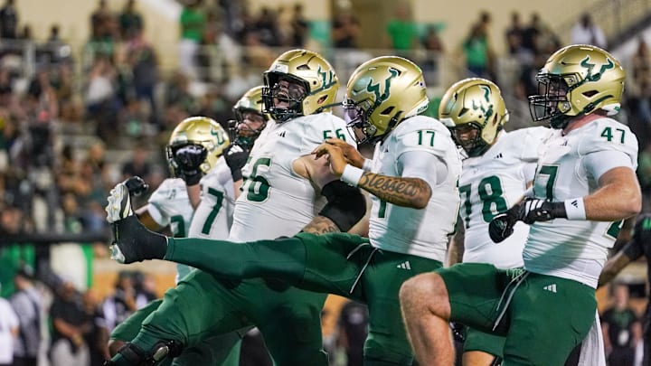 The Bulls were celebrating the touchdown last week by offensive lineman Cole Skinner. They hope to celebrate some more today after the Florida Atlantic game. | Raymond Carlin III-Imagn Images