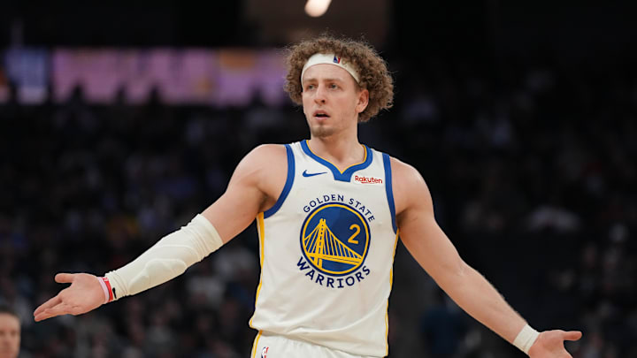 Mar 13, 2026; San Francisco, California, USA; Golden State Warriors guard Brandin Podziemski (2) reacts after the Warriors were called for a foul against the Minnesota Timberwolves in the fourth quarter at the Chase Center. Mandatory Credit: Cary Edmondson-Imagn Images