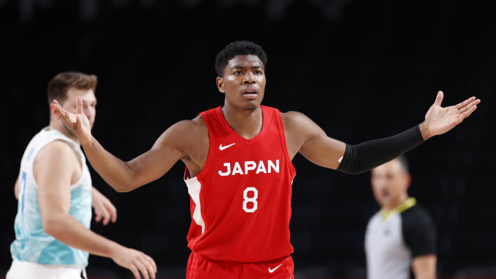 Jul 29, 2021; Saitama, Japan; Japan player Rui Hachimura (8) reacts as Japan plays Slovenia during the Tokyo 2020 Olympic Summer Games at Saitama Super Arena. Mandatory Credit: Yukihito Taguchi-USA TODAY Sports