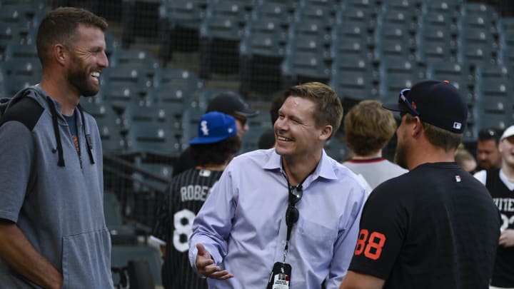 Sep 1, 2023; Chicago, Illinois, USA;  Chicago White Sox Vice President/General Manager Chris Getz, center , speaks with Detroit Tigers pitching coach Chris Fetter and Detroit Tigers catching coach Tim Federowicz (88)  before the team   s game at Guaranteed Rate Field. Mandatory Credit: Matt Marton-USA TODAY Sports