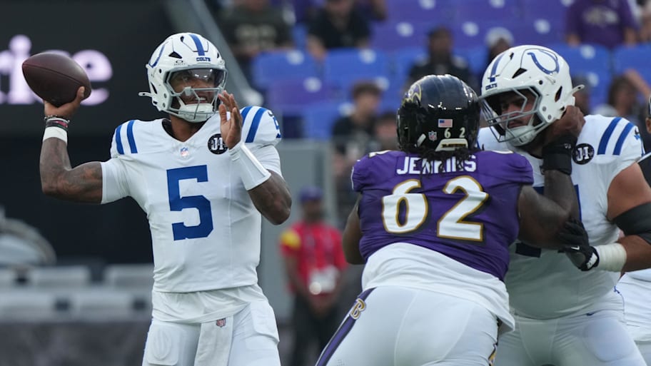 Anthony Richardson drops back to pass against the Ravens; he'd leave the game with an injury. | Mitch Stringer-Imagn Images