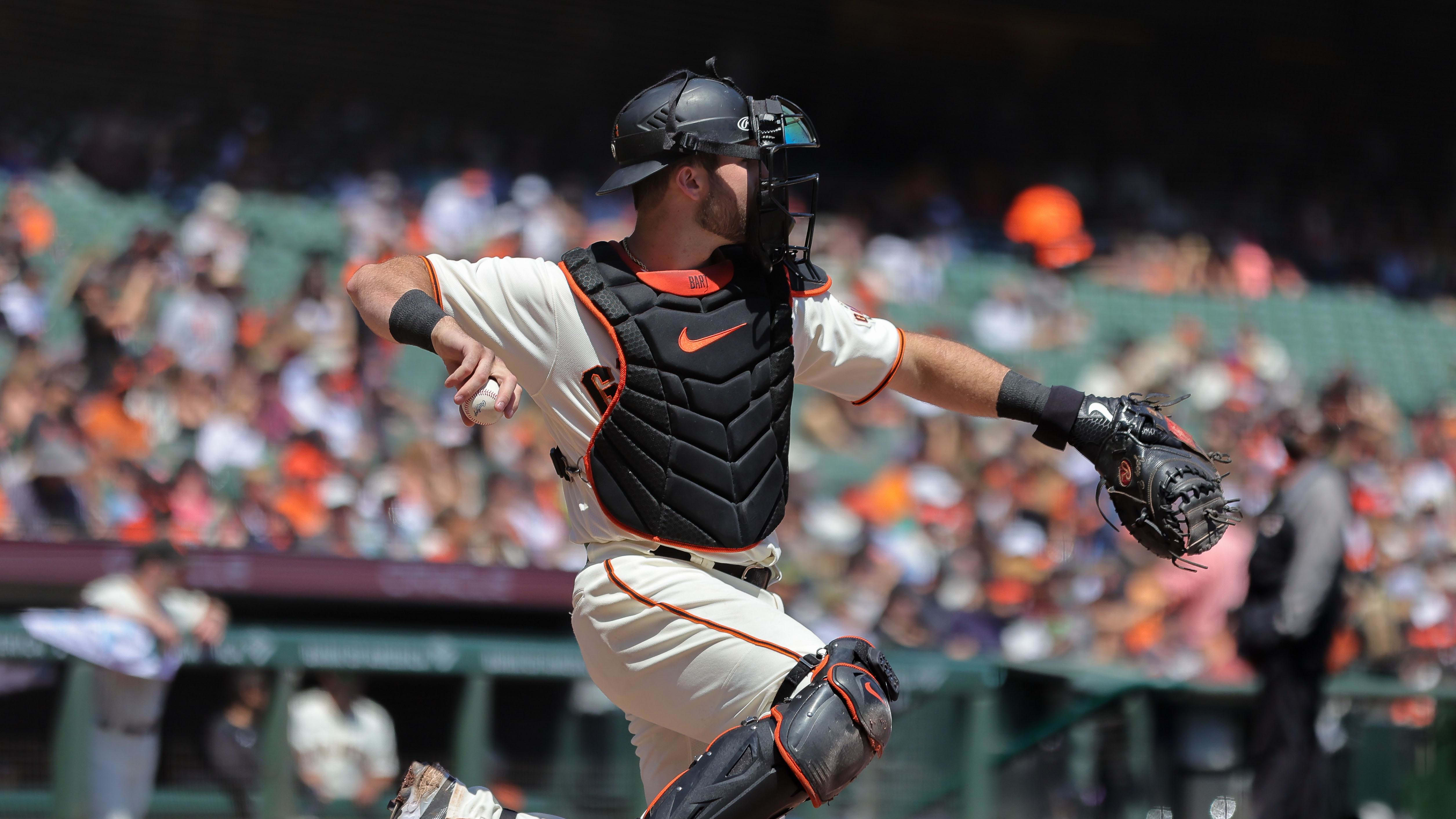 Aug 18, 2022; San Francisco, California, USA; San Francisco Giants catcher Joey Bart (21) during an MLB game.