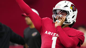 Cardinals quarterback Kyler Murray throws passes prior to a preseason game against the Chiefs at State Farm Stadium on Aug. 9, 2025, in Glendale.