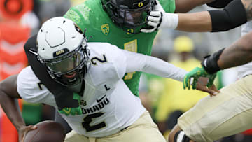 Sep 23, 2023; Eugene, Oregon, USA; Oregon Ducks defensive end Jordan Burch (1) sacks Colorado