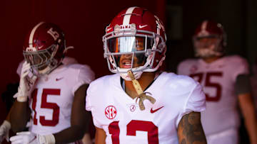 Sep 18, 2021; Gainesville, Florida, USA; Alabama Crimson Tide defensive back Malachi Moore (13) against the Florida Gators at Ben Hill Griffin Stadium. Mandatory Credit: Mark J. Rebilas-Imagn Images