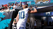 Oct 12, 2025; Jacksonville, Florida, USA; Seattle Seahawks wide receiver Cooper Kupp (10) runs off the field after the game against the Jacksonville Jaguars at EverBank Stadium. Mandatory Credit: Morgan Tencza-Imagn Images