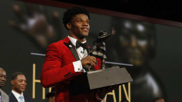 Dec 10, 2016; New York, NY, USA; Lamar Jackson from the University of Louisville wins the Heisman Trophy at Playstation Theater.