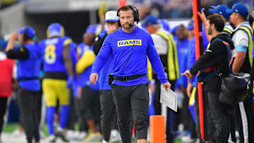 Dec 8, 2024; Inglewood, California, USA; Los Angeles Rams head coach Sean McVay watches game action against the Buffalo Bills during the second half at SoFi Stadium. Mandatory Credit: Gary A. Vasquez-Imagn Images