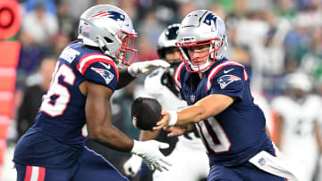 Aug 15, 2024; Foxborough, Massachusetts, USA; New England Patriots quarterback Drake Maye (10) hands the ball off to running back Kevin Harris (36) during the second half at Gillette Stadium. Mandatory Credit: Brian Fluharty-USA TODAY Sports