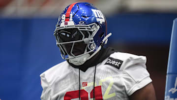 May 9, 2025; East Rutherford, NJ, USA; New York Giants defensive tackle Darius Alexander (91) participates in a drill during rookie minicamp at Quest Diagnostics Training Center. Mandatory Credit: John Jones-Imagn Images