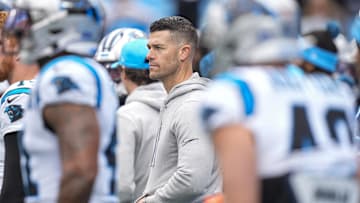 Dec 15, 2024; Charlotte, North Carolina, USA; Carolina Panthers head coach Dave Canales during the first quarter against the Dallas Cowboys at Bank of America Stadium.