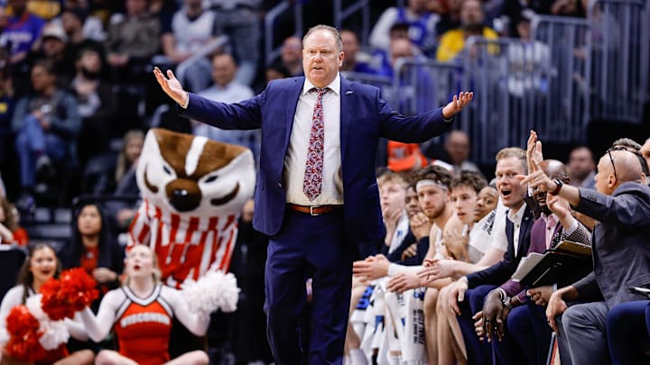 Mar 20, 2025; Denver, CO, USA; Wisconsin Badgers head coach Greg Gard reacts during the second half against the Montana Grizzlies in the first round of the NCAA Tournament at Ball Arena. Mandatory Credit: Isaiah J. Downing-Imagn Images