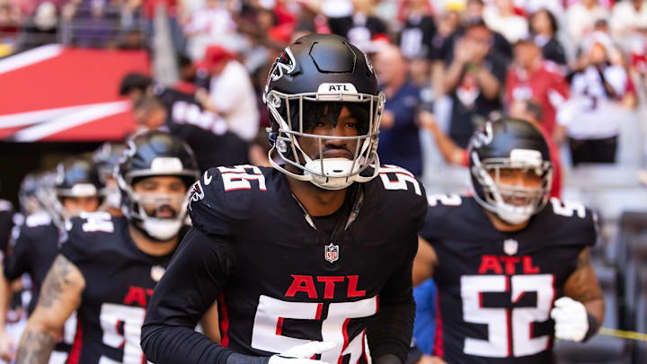 Dec 21, 2025; Glendale, Arizona, USA; Atlanta Falcons defensive end Leonard Floyd (56) against the Arizona Cardinals at State Farm Stadium. Mandatory Credit: Mark J. Rebilas-Imagn Images