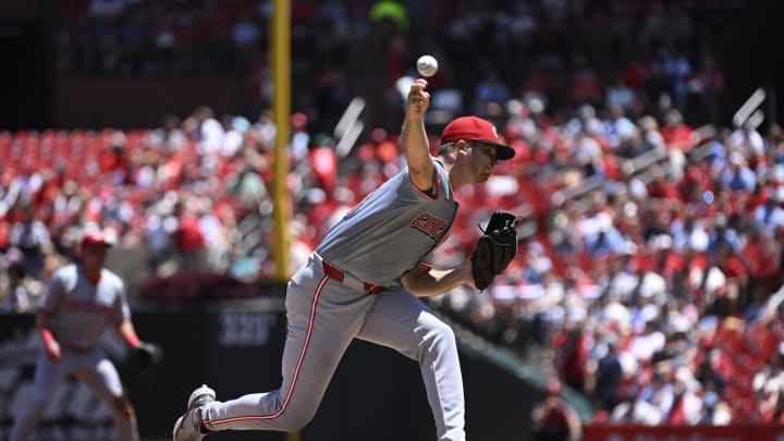 Jun 29, 2024; St. Louis, Missouri, USA; Cincinnati Reds pitcher Carson Spiers (68) throws against the St. Louis Cardinals during the first inning at Busch Stadium. Mandatory Credit: Jeff Le-USA TODAY Sports