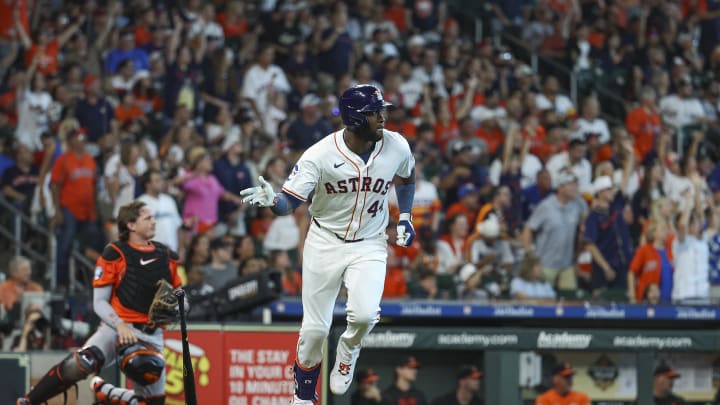 Jun 22, 2024; Houston, Texas, USA; Houston Astros designated hitter Yordan Alvarez (44) hits a home run during the third inning against the Baltimore Orioles at Minute Maid Park. Mandatory Credit: Troy Taormina-USA TODAY Sports