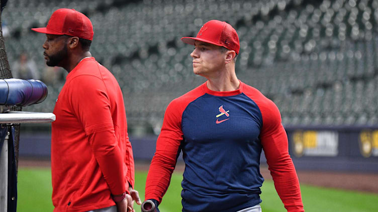 Apr 8, 2023; Milwaukee, Wisconsin, USA; St. Louis Cardinals center fielder Tyler O'Neill (27) walks