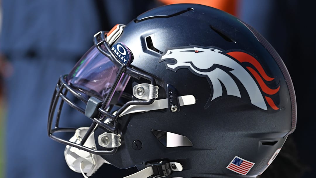 Oct 5, 2025; Philadelphia, Pennsylvania, USA; Denver Broncos helmet on the sidelines against the Philadelphia Eagles at Lincoln Financial Field. Oct 5, 2025; Philadelphia, Pennsylvania, USA; Denver Broncos helmet on the sidelines against the Philadelphia Eagles at Lincoln Financial Field.