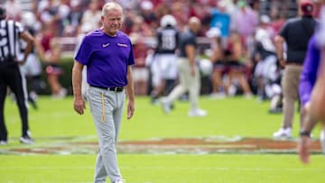 Sep 14, 2024; Columbia, South Carolina, USA; LSU Tigers head coach Brian Kelly looks on during warm ups before a game against the South Carolina Gamecocks at Williams-Brice Stadium. Mandatory Credit: Scott Kinser-Imagn Images