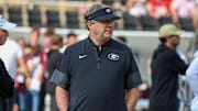 Nov 8, 2025; Starkville, Mississippi, USA; Georgia Bulldogs head coach Kirby Smart looks on before the game against the Mississippi State Bulldogs at Davis Wade Stadium at Scott Field. Mandatory Credit: Wesley Hale-Imagn Images