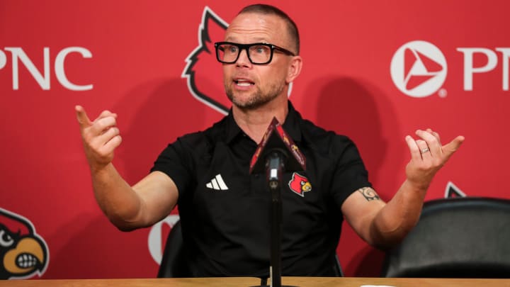 Louisville men's head basketball coach Pat Kelsey updates the media about the program during a press conference on June 27, 2024 in Louisville, Kentucky.