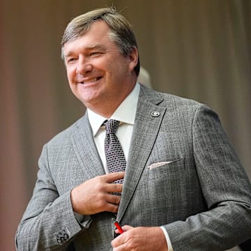 July 15, 2025; Atlanta, GA, USA; Georgia head coach Kirby Smart takes the stage in the Main Media Room during SEC Media Days at the College Football Hall of Fame in Atlanta.