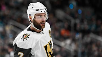 Dec 27, 2024; San Jose, California, USA; Vegas Golden Knights defenseman Alex Pietrangelo (7) skates against the San Jose Sharks in the second period at SAP Center at San Jose. Mandatory Credit: Eakin Howard-Imagn Images