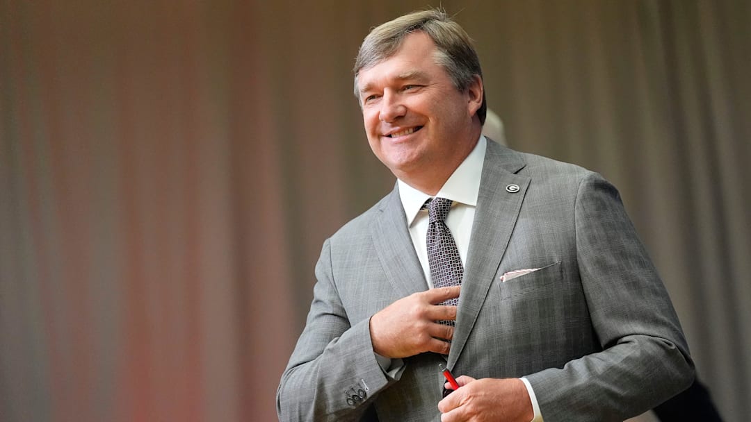 July 15, 2025; Atlanta, GA, USA; Georgia head coach Kirby Smart takes the stage in the Main Media Room during SEC Media Days at the College Football Hall of Fame in Atlanta.