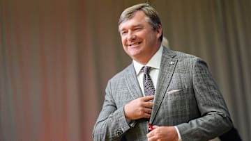 July 15, 2025; Atlanta, GA, USA; Georgia head coach Kirby Smart takes the stage in the Main Media Room during SEC Media Days at the College Football Hall of Fame in Atlanta.