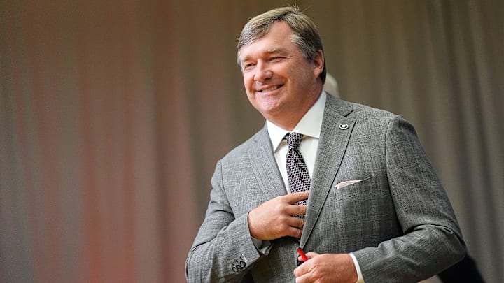 July 15, 2025; Atlanta, GA, USA; Georgia head coach Kirby Smart takes the stage in the Main Media Room during SEC Media Days at the College Football Hall of Fame in Atlanta.