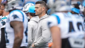 Carolina Panthers head coach Dave Canales during the first quarter against the Dallas Cowboys at Bank of America Stadium. 