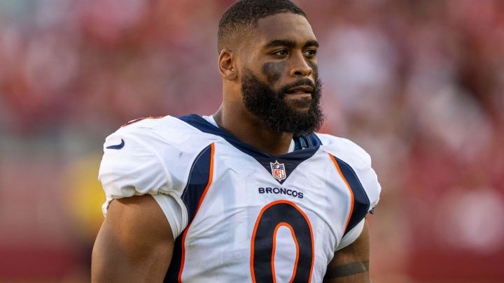 August 19, 2023; Santa Clara, California, USA; Denver Broncos linebacker Jonathon Cooper (0) during halftime against the San Francisco 49ers at Levi's Stadium. Mandatory Credit: Kyle Terada-USA TODAY Sports