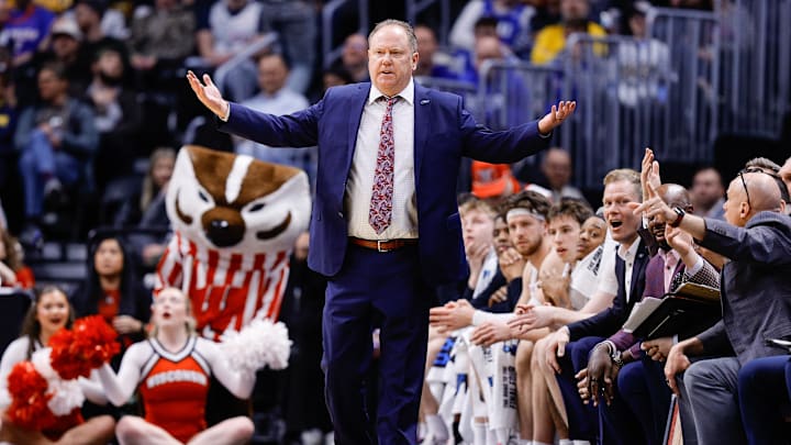 Mar 20, 2025; Denver, CO, USA; Wisconsin Badgers head coach Greg Gard reacts during the second half against the Montana Grizzlies in the first round of the NCAA Tournament at Ball Arena. Mandatory Credit: Isaiah J. Downing-Imagn Images