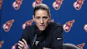Aug 31, 2025; San Francisco, California, USA; Indiana Fever head coach Stephanie White talks to media members before the game against the Golden State Valkyries at Chase Center. Mandatory Credit: Darren Yamashita-Imagn Images
