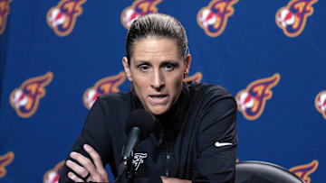 Aug 31, 2025; San Francisco, California, USA; Indiana Fever head coach Stephanie White talks to media members before the game against the Golden State Valkyries at Chase Center. Mandatory Credit: Darren Yamashita-Imagn Images