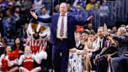 Wisconsin head coach Greg Gard reacts during a play Saturday night in the NCAA Tournament.